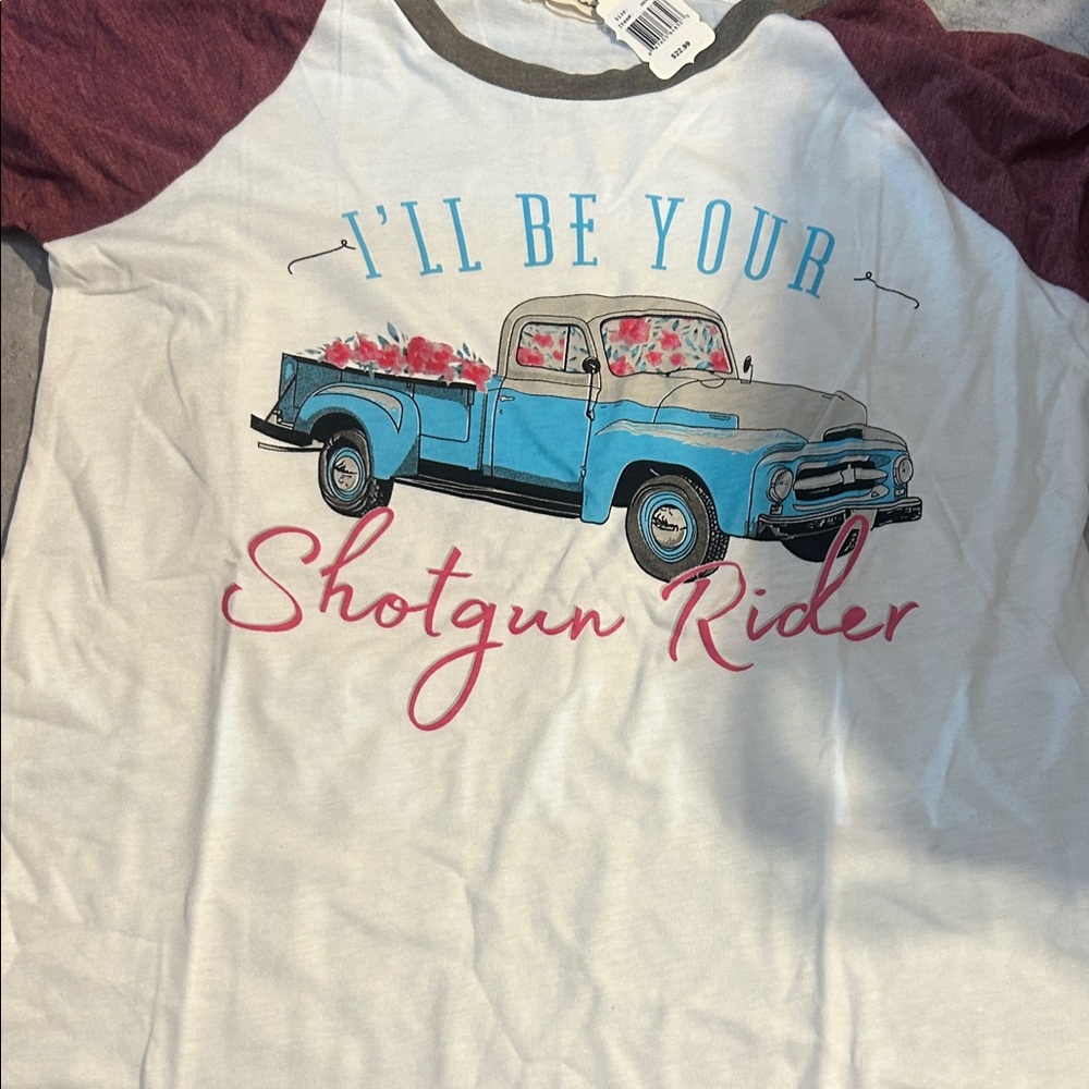 Wander White and Maroon Short Sleeve Tee with Blue Truck Graphic